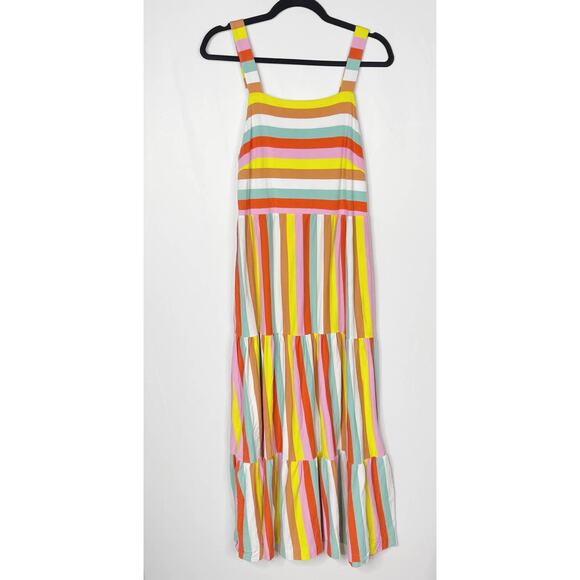 J Crew Small Rainbow Striped Tiered Maxi Dress Square Neck Cotton Fitted Bodice - Picture 1 of 12
